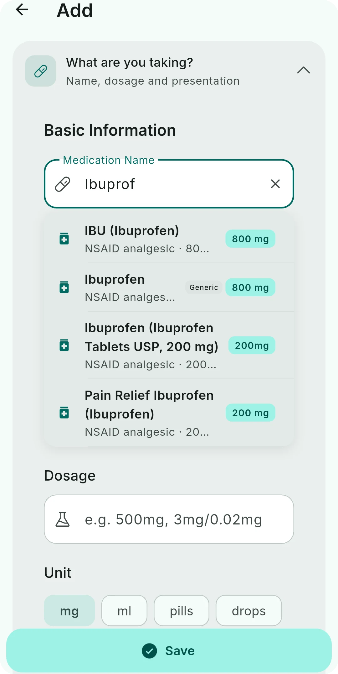 Medikamentensuche mit Autovervollständigung und mehreren Ibuprofen-Varianten
