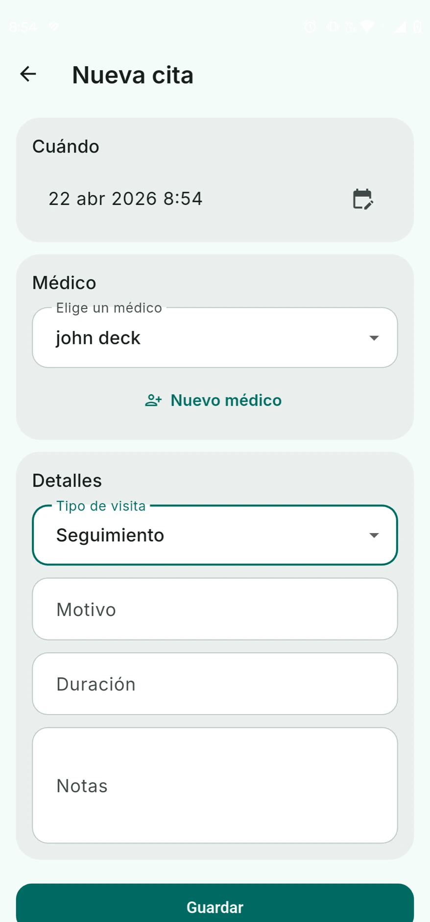 Formulario de nueva cita con selector de fecha, médico, tipo de visita, motivo y notas