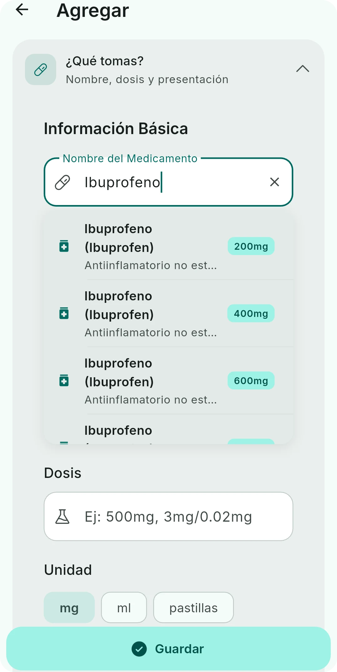 Búsqueda de medicamentos con autocompletado mostrando varias presentaciones de Ibuprofeno
