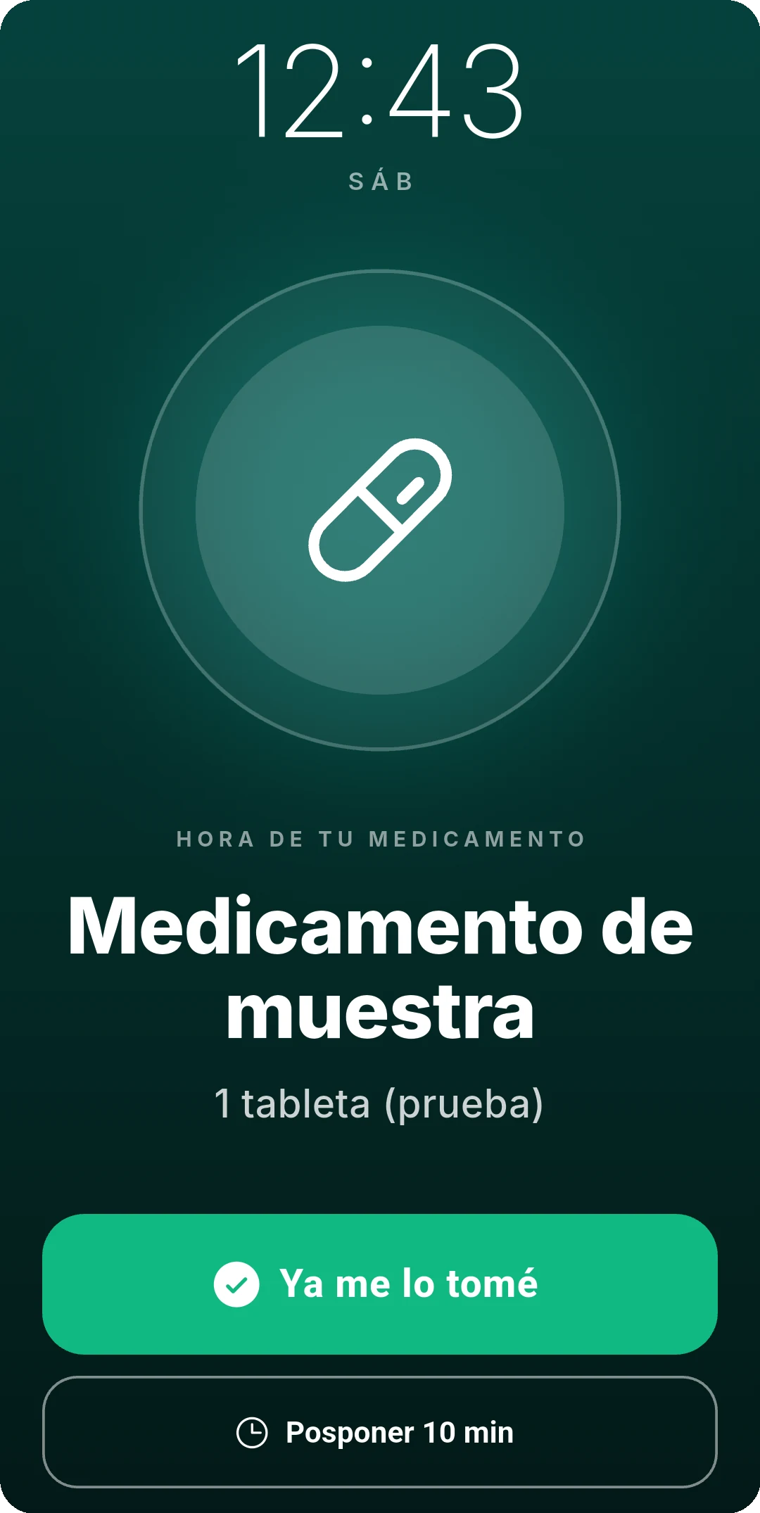 Pantalla de bloqueo del teléfono mostrando una alarma de medicamento sin revelar el nombre