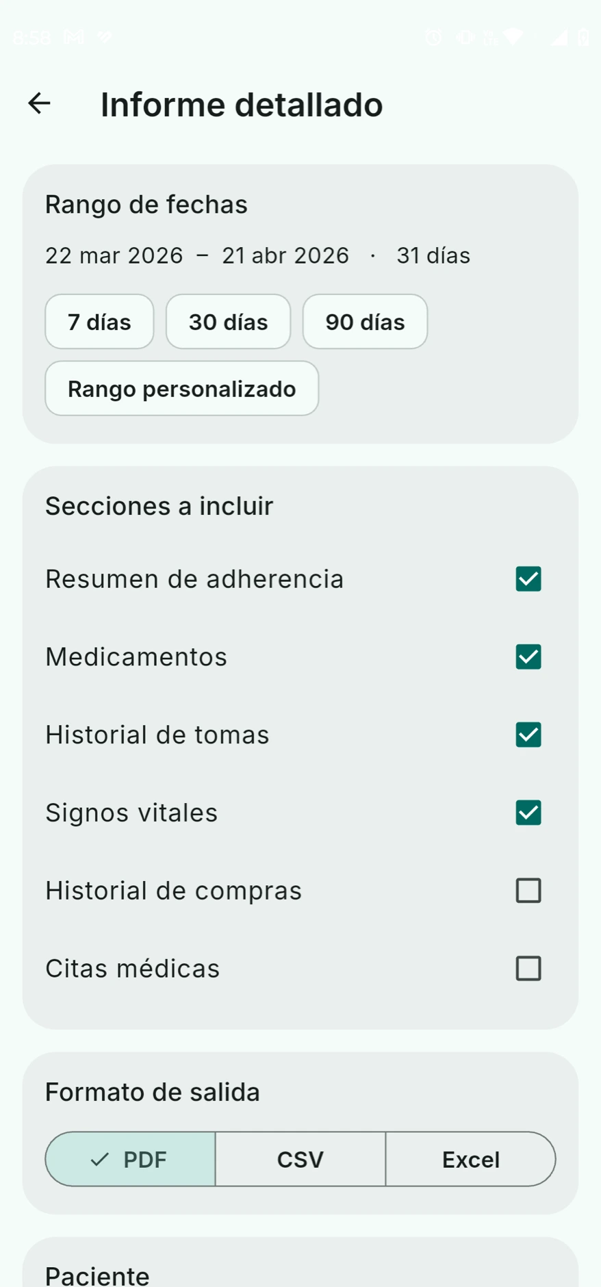 Constructor de informes con selector de fechas, secciones a incluir y opciones de exportación PDF, CSV o Excel