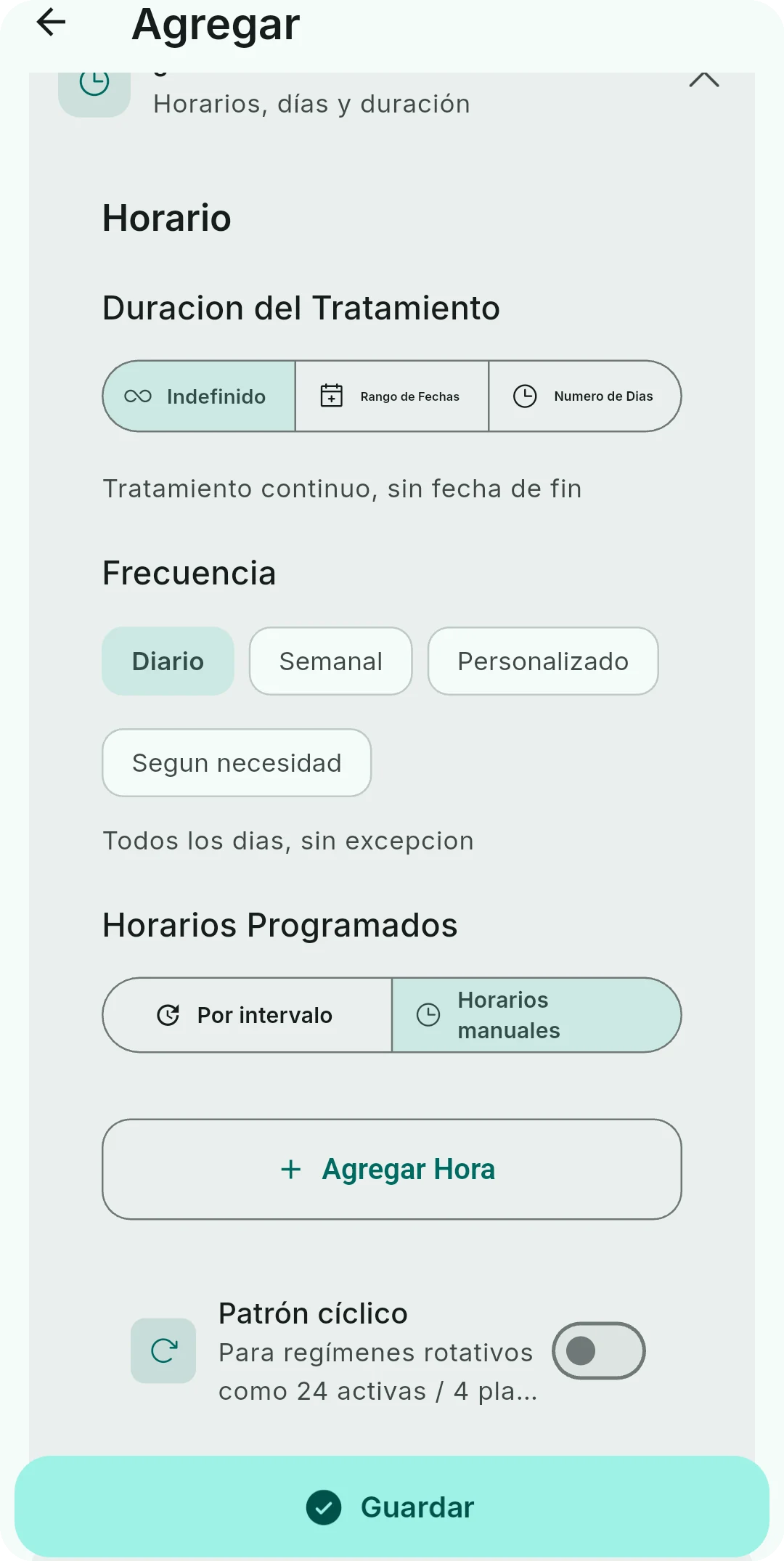 Pantalla de horario avanzado con frecuencia, horas manuales, patrón 21/7 y botón para añadir hora